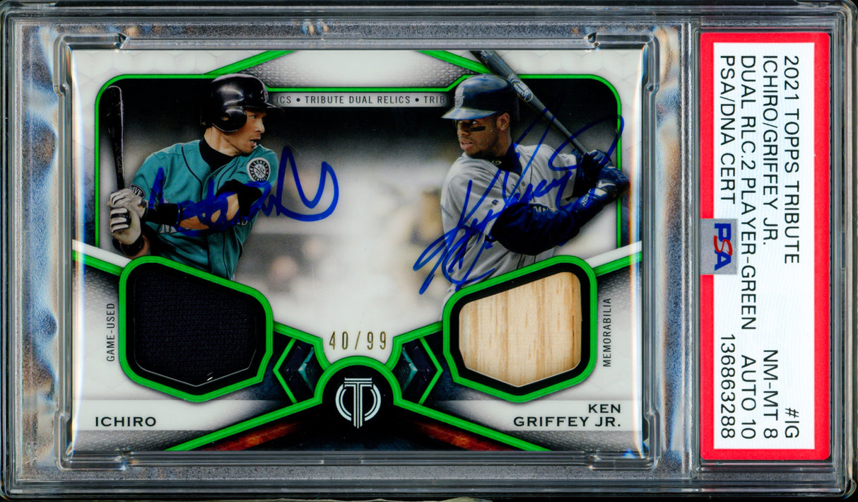 Ken Griffey Jr. & Ichiro Suzuki Autographed 2021 Topps Tribute Card #IG Seattle Mariners PSA 8 Auto Grade Gem Mint 10 #40/99 PSA/DNA #136863288