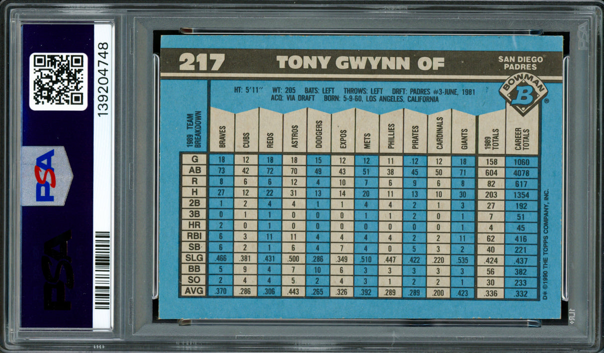Tony Gwynn Autographed 1990 Bowman Card #217 San Diego Padres PSA/DNA #139204748