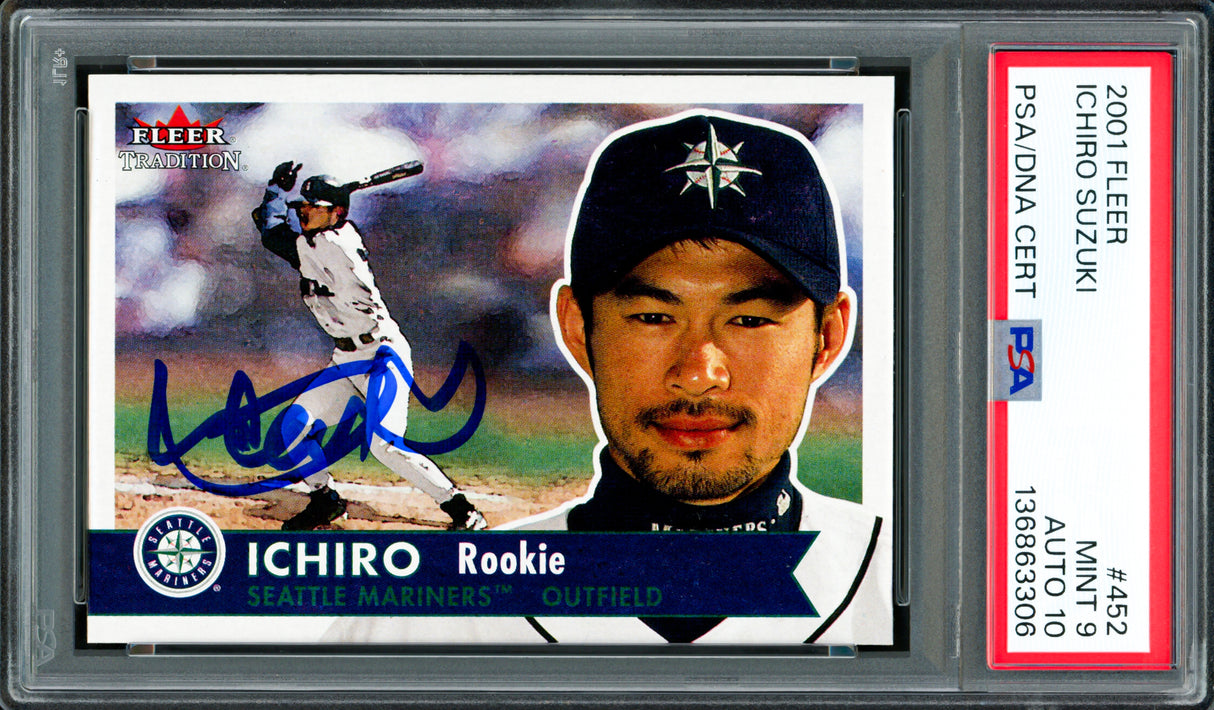Ichiro Suzuki Autographed 2001 Fleer Tradition Rookie Card #452 Seattle Mariners PSA 9 Auto Grade Gem Mint 10 PSA/DNA #136863306