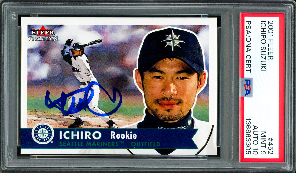 Ichiro Suzuki Autographed 2001 Fleer Tradition Rookie Card #452 Seattle Mariners PSA 9 Auto Grade Gem Mint 10 PSA/DNA #136863305