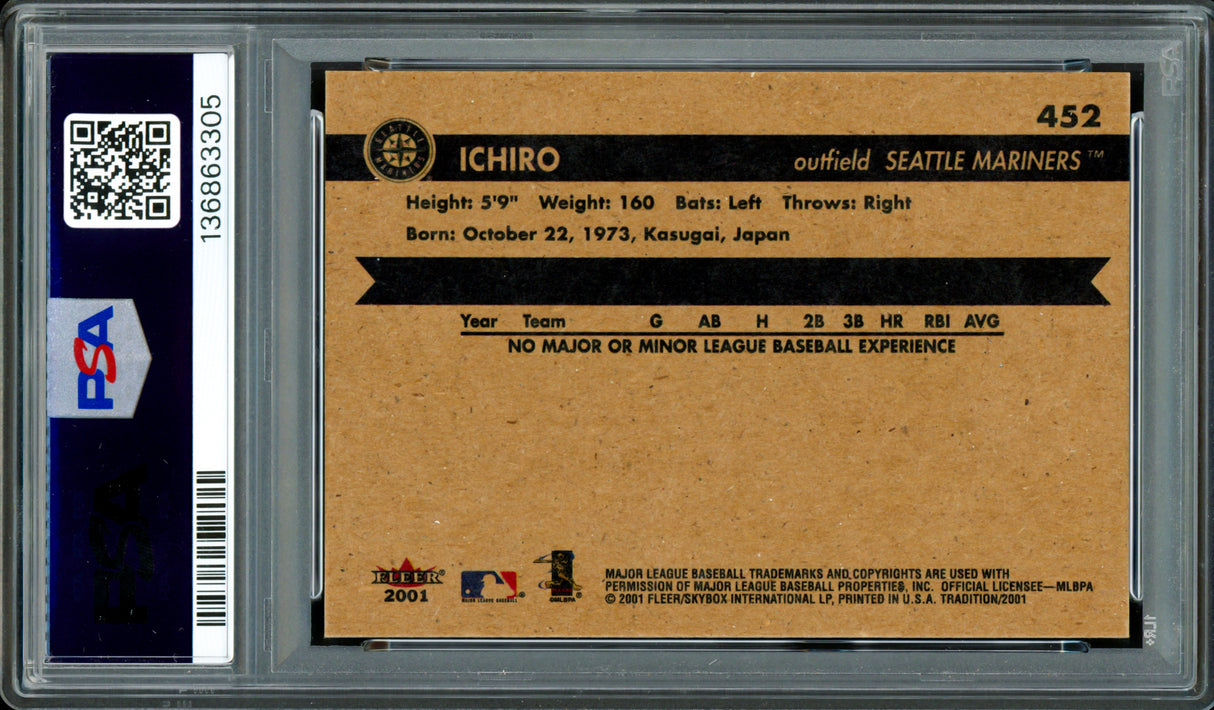 Ichiro Suzuki Autographed 2001 Fleer Tradition Rookie Card #452 Seattle Mariners PSA 9 Auto Grade Gem Mint 10 PSA/DNA #136863305