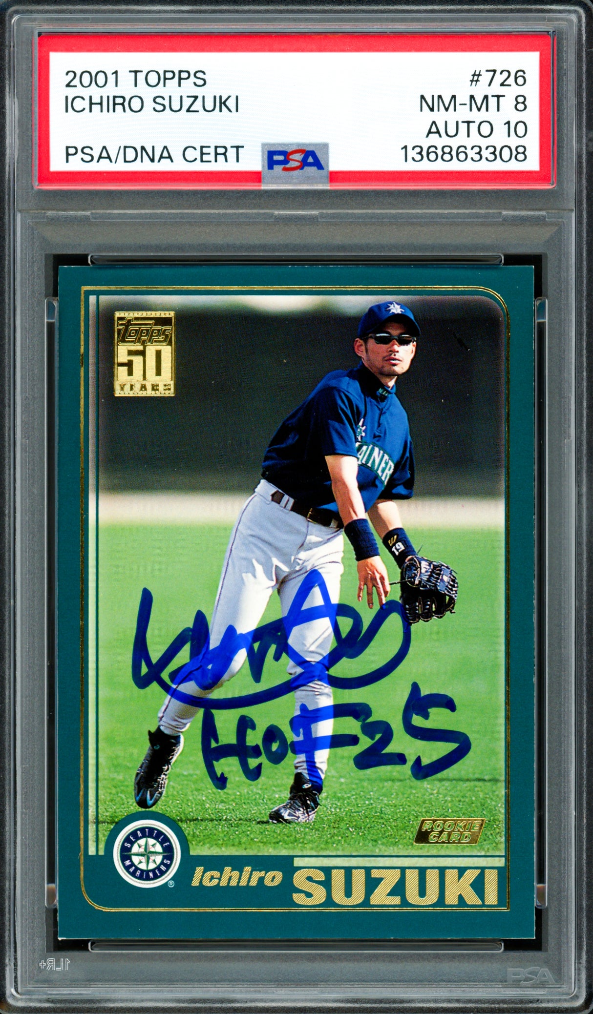 Ichiro Suzuki Autographed 2001 Topps Rookie Card #726 Seattle Mariners PSA 8 Auto Grade Gem Mint 10 "HOF 25" PSA/DNA #136863308