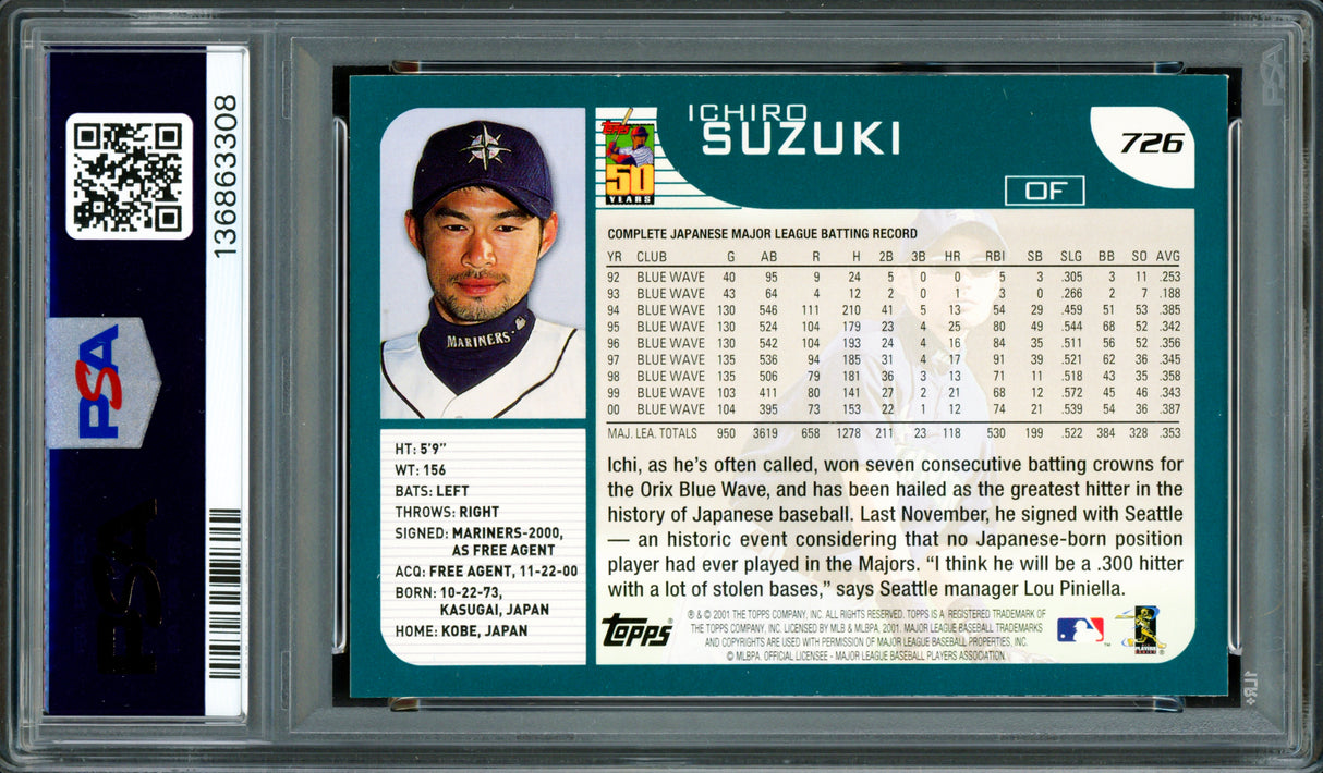 Ichiro Suzuki Autographed 2001 Topps Rookie Card #726 Seattle Mariners PSA 8 Auto Grade Gem Mint 10 "HOF 25" PSA/DNA #136863308