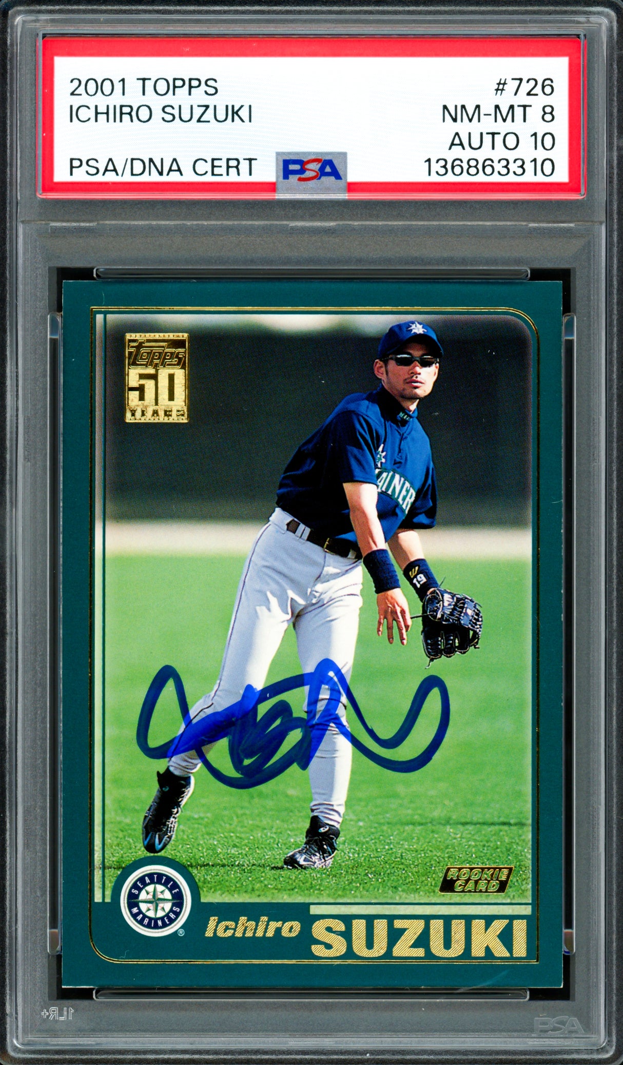 Ichiro Suzuki Autographed 2001 Topps Rookie Card #726 Seattle Mariners PSA 8 Auto Grade Gem Mint 10 PSA/DNA #136863310