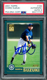 Ichiro Suzuki Autographed 2001 Topps Rookie Card #726 Seattle Mariners Auto Grade Mint 9 PSA/DNA #60417772
