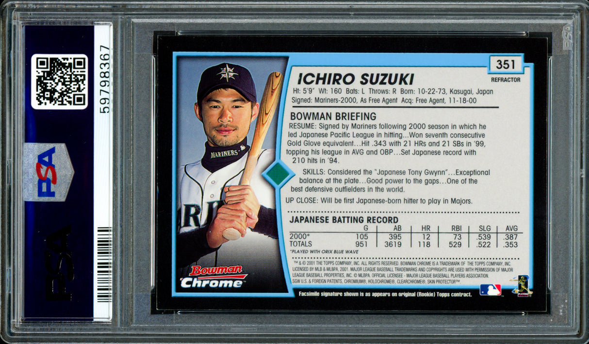 Ichiro Suzuki Autographed 2001 Bowman Chrome English Refractor Rookie Card #351 Seattle Mariners Auto Grade Gem Mint 10 "01 ROY/MVP" PSA/DNA #59798367