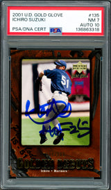 Ichiro Suzuki Autographed 2001 Upper Deck Gold Glove Rookie Card #135 Seattle Mariners PSA 7 Auto Grade Gem Mint 10 "HOF 25" #304/500 PSA/DNA #136863318