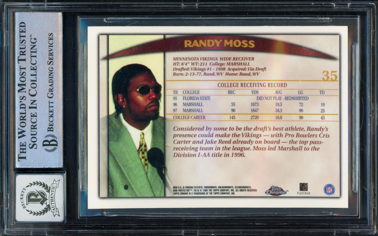 Randy Moss Autographed 1998 Topps Chrome Rookie Card #35 Minnesota Vikings Auto Grade Gem Mint 10 Beckett BAS #14589673