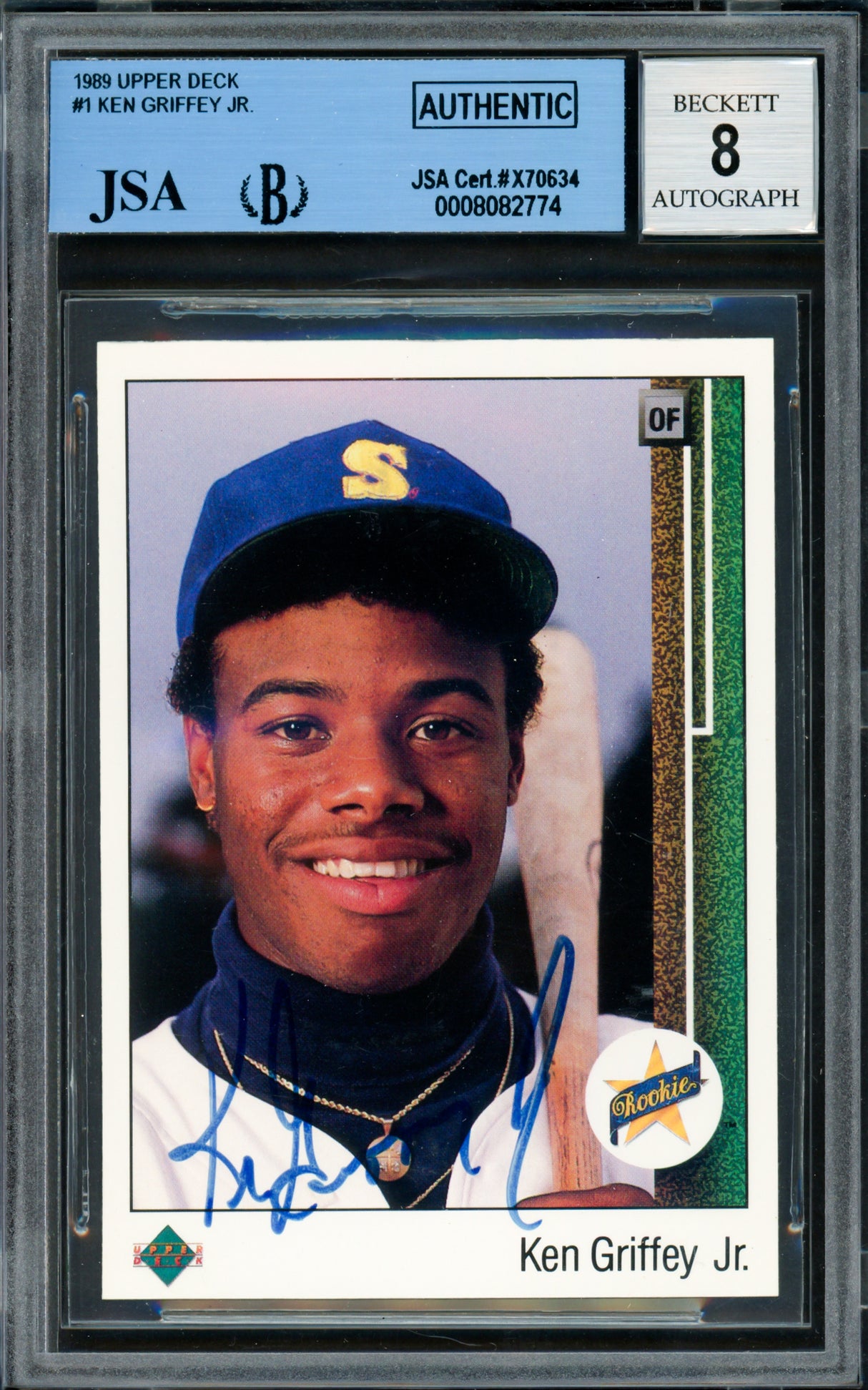 Ken Griffey Jr. Autographed 1989 Upper Deck Rookie Card #1 Seattle Mariners Auto Grade Near Mint/Mint 8 Vintage Rookie Era Signature JSA/Beckett #8082774