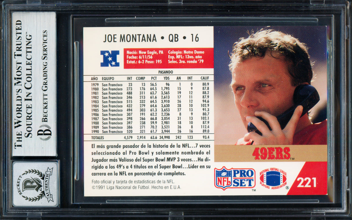 Joe Montana Autographed 1991 Pro Set (Spanish) Card #653 San Francisco 49ers Auto Grade Gem Mint 10 Beckett BAS #19663329
