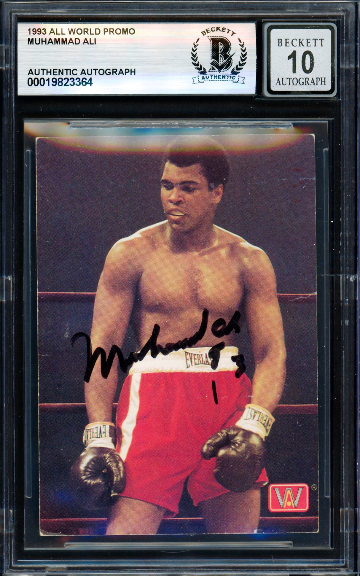 Muhammad Ali Autographed 1993 All World Promo Card Auto Grade Gem Mint 10 "93" Beckett BAS #19823364
