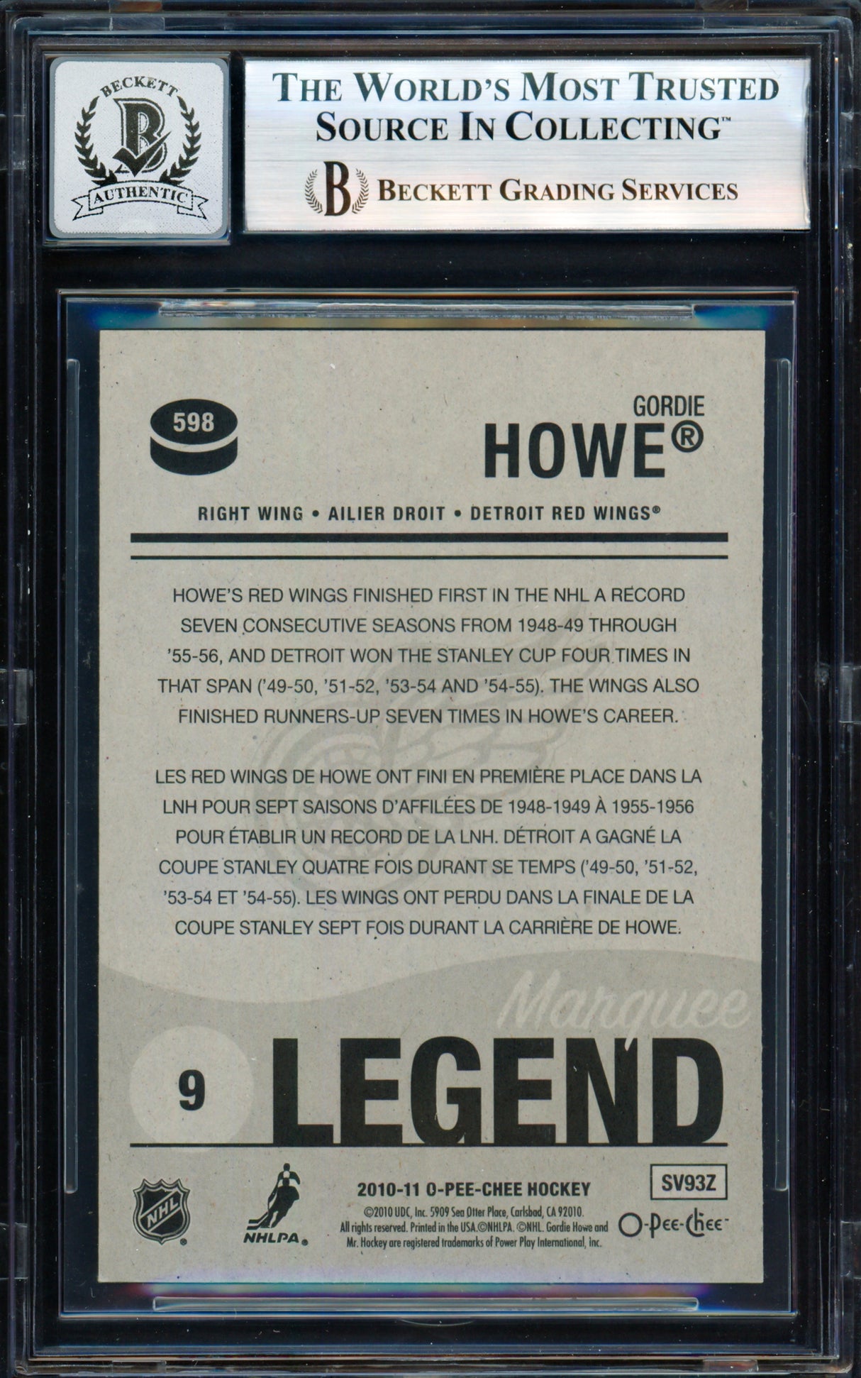 Gordie Howe Autographed 2010-11 O-Pee-Chee Marquee Card #598 Detroit Red Wings Auto Grade Gem Mint 10 Beckett BAS #19823365
