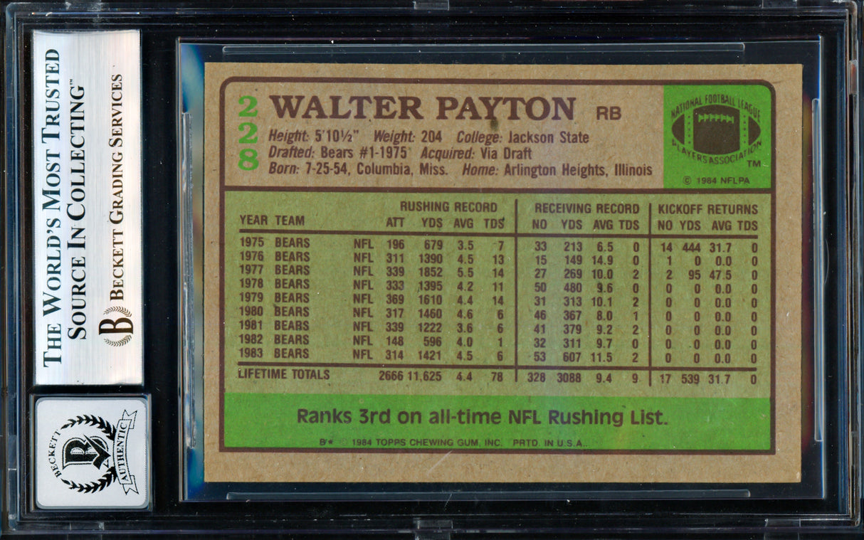 Walter Payton Autographed 1984 Topps Card #228 Chicago Bears Auto Grade Gem Mint 10 Beckett BAS #19823367