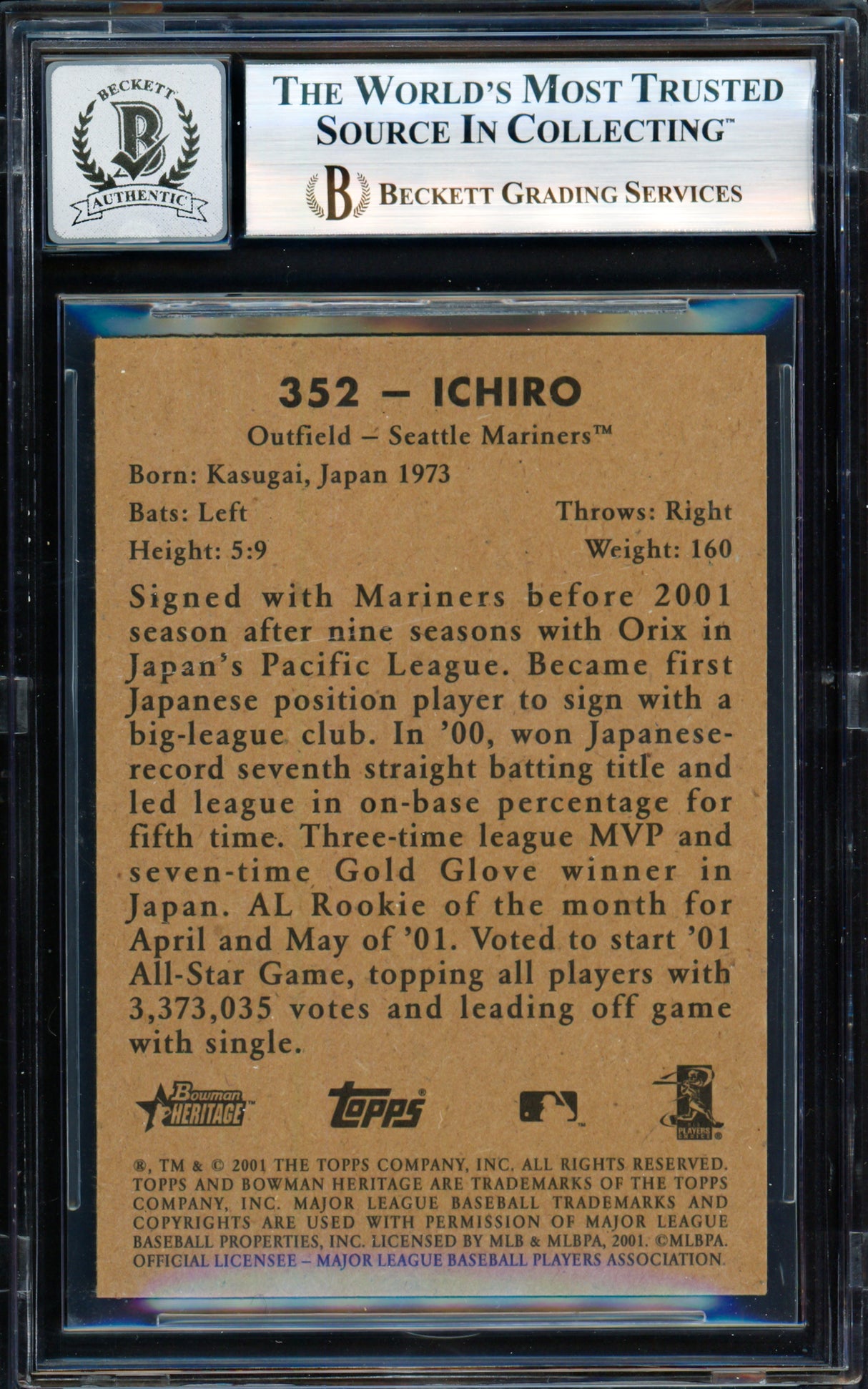 Ichiro Suzuki Autographed 2001 Bowman Heritage Rookie Card #352 Seattle Mariners Auto Grade Gem Mint 10 "01 ROY/MVP" Beckett BAS #19823423