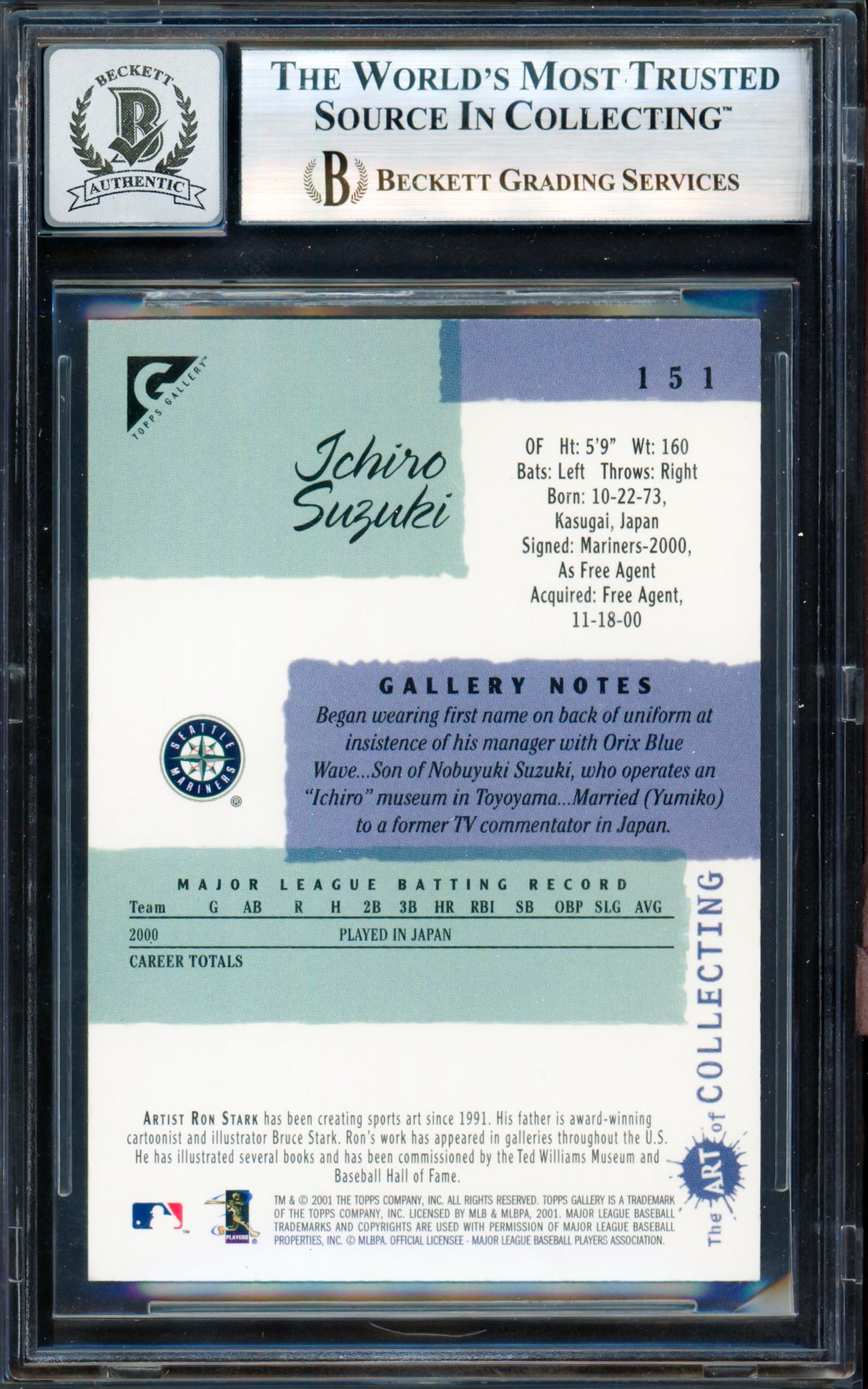 Ichiro Suzuki Autographed 2001 Topps Gallery English Rookie Card #151 Seattle Mariners Auto Grade Gem Mint 10 Beckett BAS #19823429
