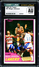Magic Johnson Autographed 1981-82 Topps Card #21 Los Angeles Lakers Auto Grade Gem Mint 10 (Off-Center) CGC x JSA #6131791017