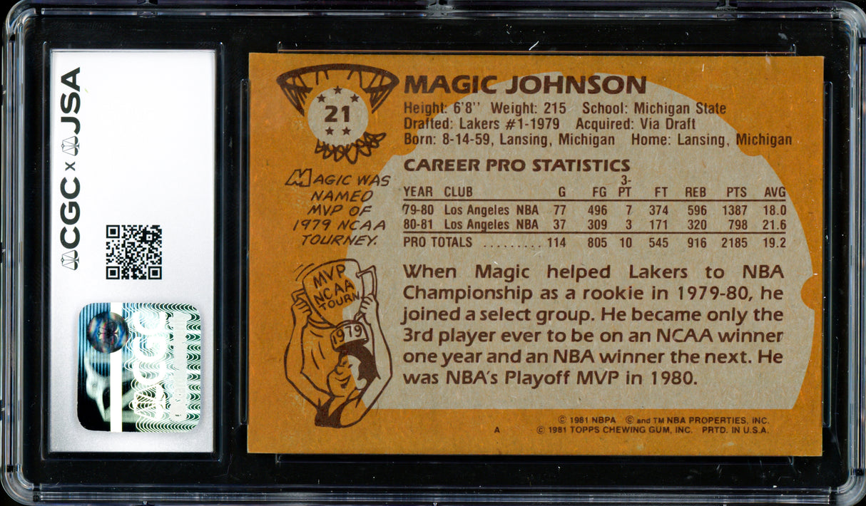 Magic Johnson Autographed 1981-82 Topps Card #21 Los Angeles Lakers Auto Grade Gem Mint 10 (Off-Center) CGC x JSA #6131791091