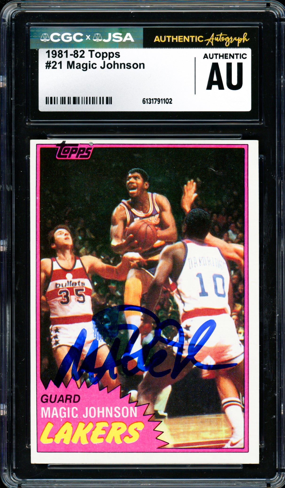 Magic Johnson Autographed 1981-82 Topps Card #21 Los Angeles Lakers (Smudged) CGC x JSA #6131791102