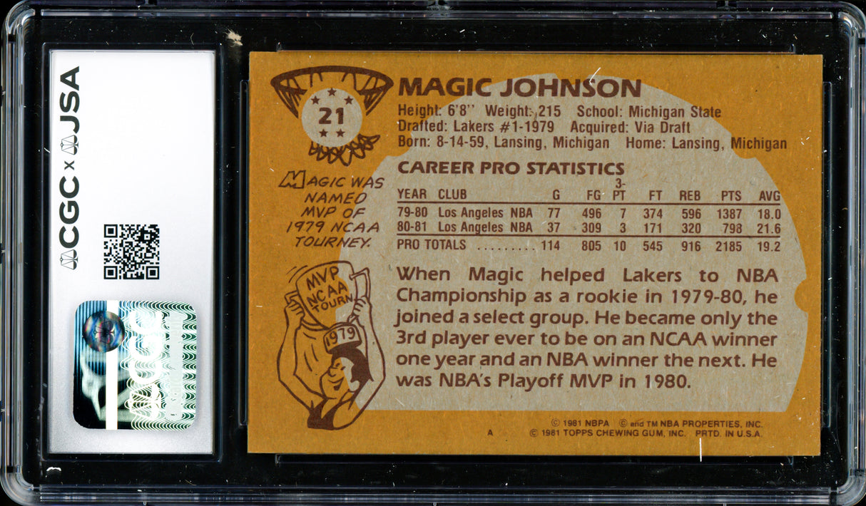 Magic Johnson Autographed 1981-82 Topps Card #21 Los Angeles Lakers CGC x JSA #6131791153