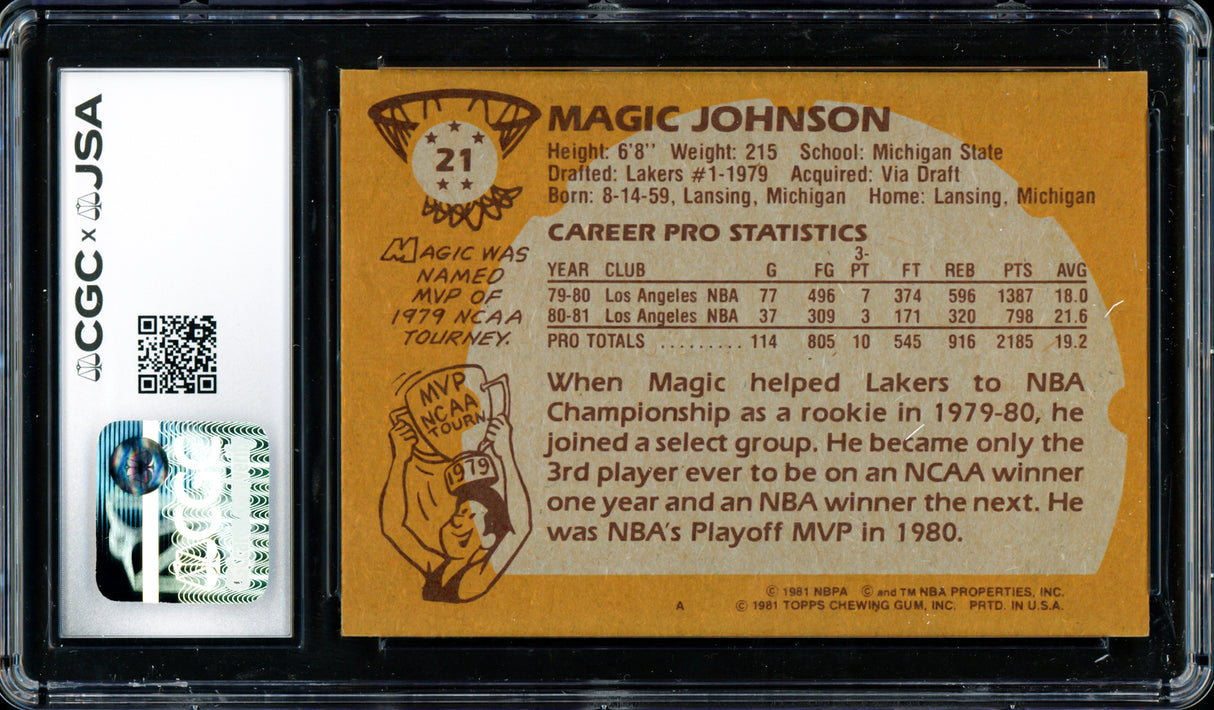 Magic Johnson Autographed 1981-82 Topps Card #21 Los Angeles Lakers CGC x JSA #6131791080