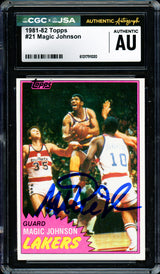Magic Johnson Autographed 1981-82 Topps Card #21 Los Angeles Lakers (Off-Center) CGC x JSA #6131791020