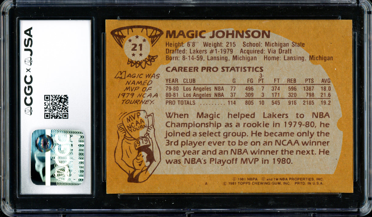 Magic Johnson Autographed 1981-82 Topps Card #21 Los Angeles Lakers (Off-Center) CGC x JSA #6131791020