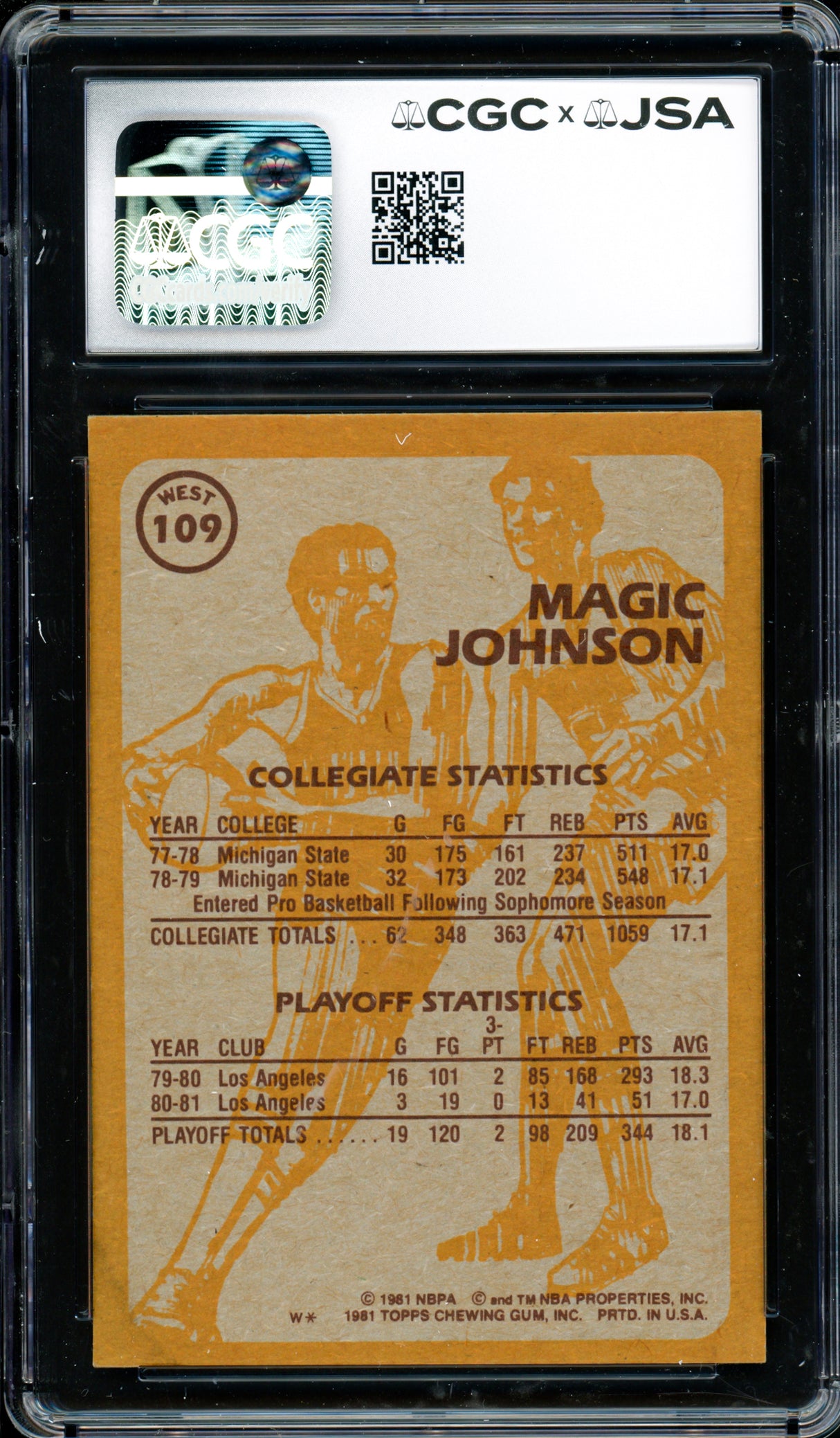 Magic Johnson Autographed 1981-82 Topps Card #109 Los Angeles Lakers Auto Grade Gem Mint 10 CGC x JSA #6131791065