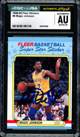 Magic Johnson Autographed 1988-89 Fleer Sticker Card #6 Los Angeles Lakers Auto Grade Gem Mint 10 CGC x JSA #6131791185