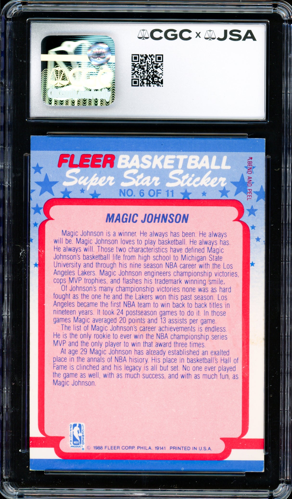 Magic Johnson Autographed 1988-89 Fleer Sticker Card #6 Los Angeles Lakers Auto Grade Gem Mint 10 CGC x JSA #6131791185