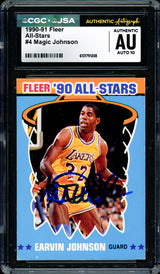Magic Johnson Autographed 1990-91 Fleer Sticker Card #4 Los Angeles Lakers Auto Grade Gem Mint 10 CGC x JSA #6131791208