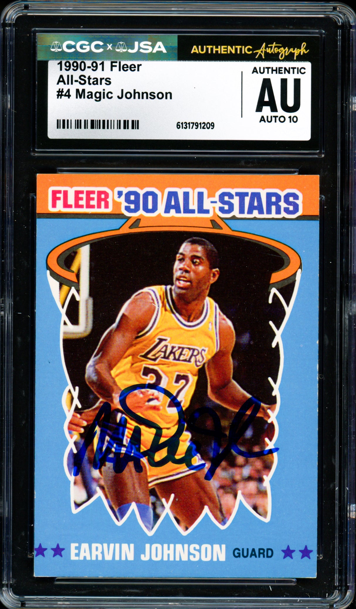 Magic Johnson Autographed 1990-91 Fleer Sticker Card #4 Los Angeles Lakers Auto Grade Gem Mint 10 CGC x JSA #6131791209