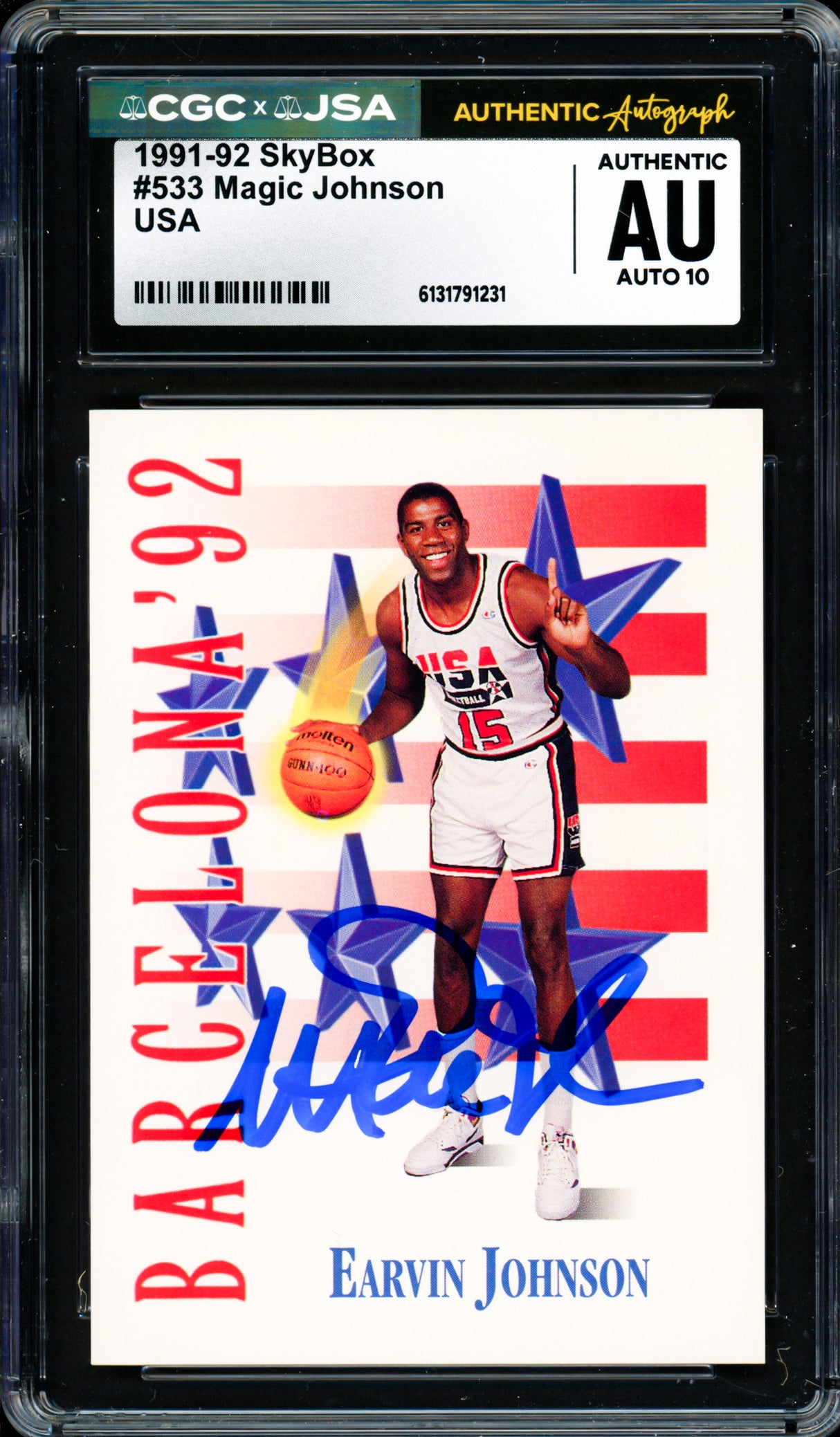 Magic Johnson Autographed 1991-92 Skybox Card #533 Team USA Auto Grade Gem Mint 10 CGC x JSA #6131791231