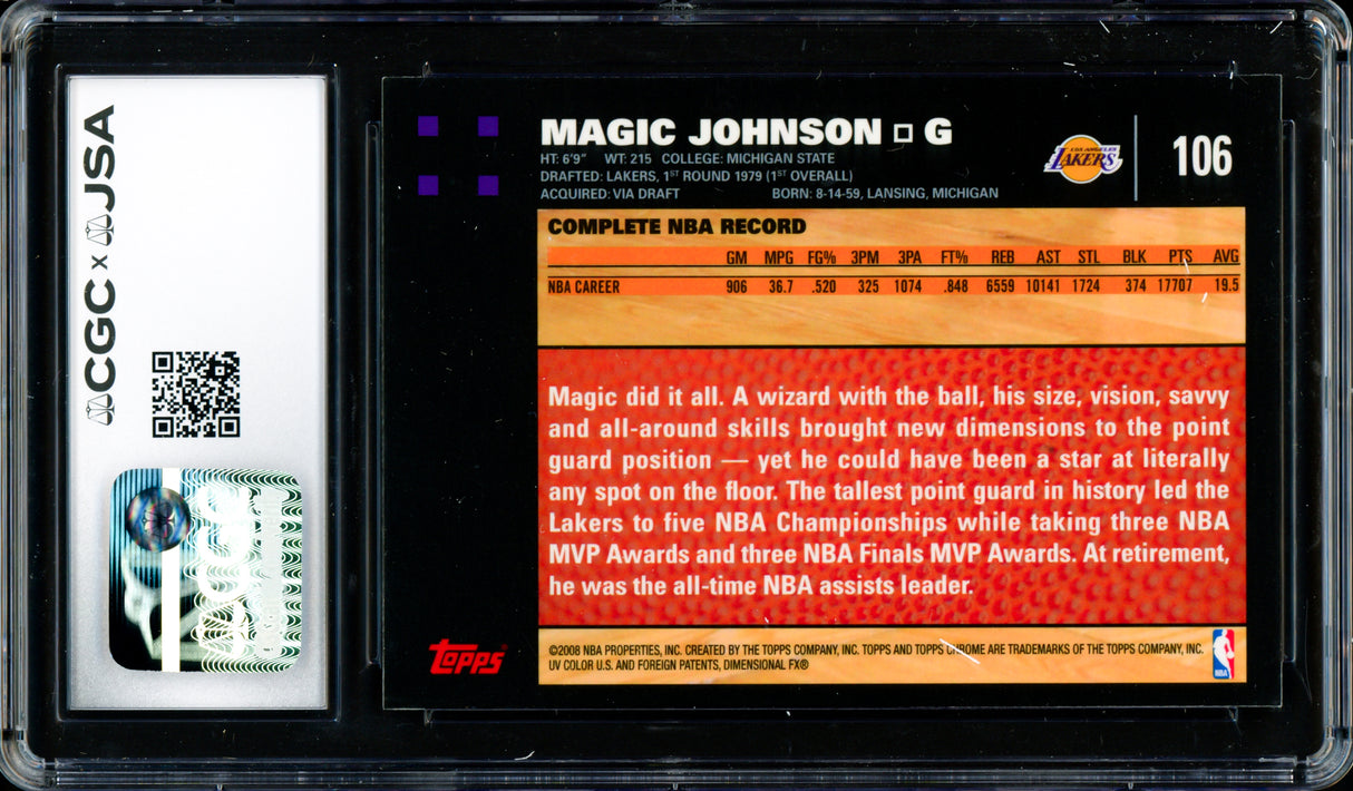 Magic Johnson Autographed 2007-08 Topps Chrome Card #106 Los Angeles Lakers Auto Grade Gem Mint 10 CGC x JSA #6131791224
