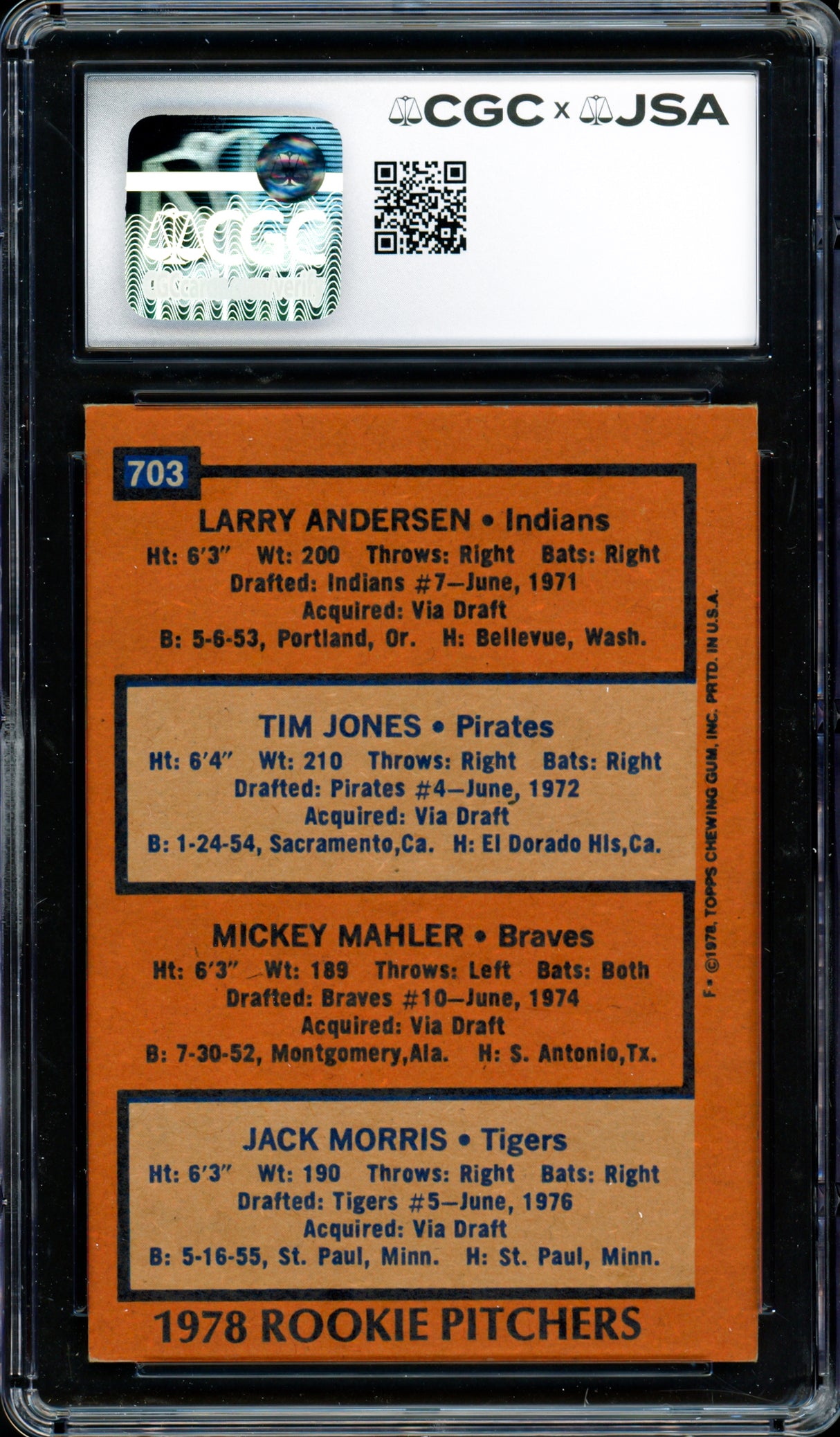 Jack Morris Autographed 1978 Topps Rookie Card #703 Detroit Tigers Auto Grade Gem Mint 10 CGC x JSA #6131791243