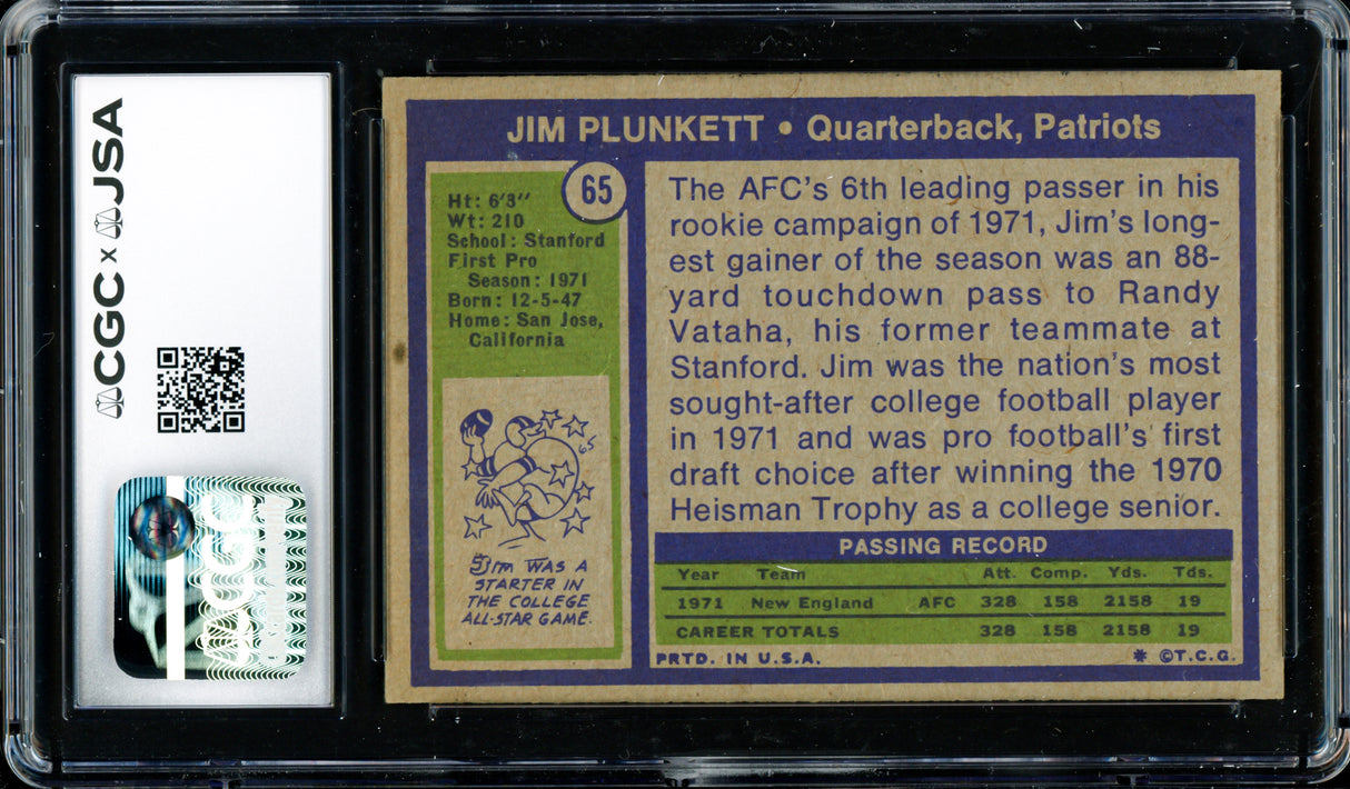 Jim Plunkett Autographed 1972 Topps Rookie Card #65 New England Patriots CGC x JSA #6131791242
