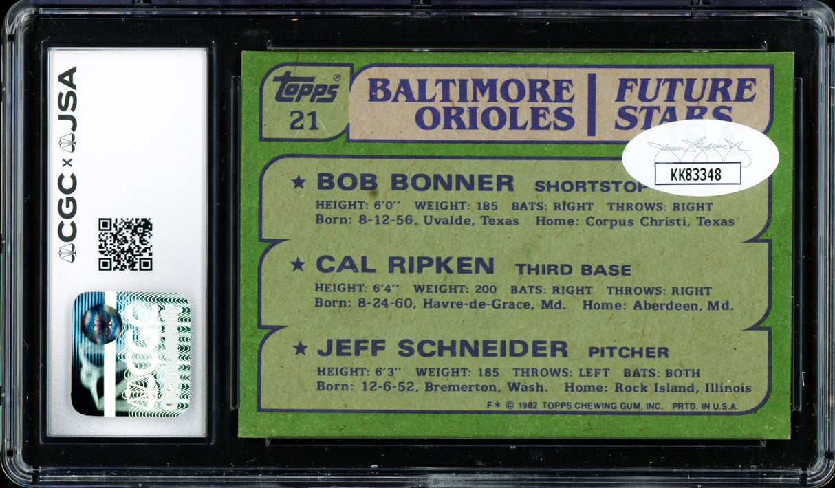 Cal Ripken Jr. Autographed 1982 Topps Rookie Card #21 Baltimore Orioles CGC x JSA #6131791241