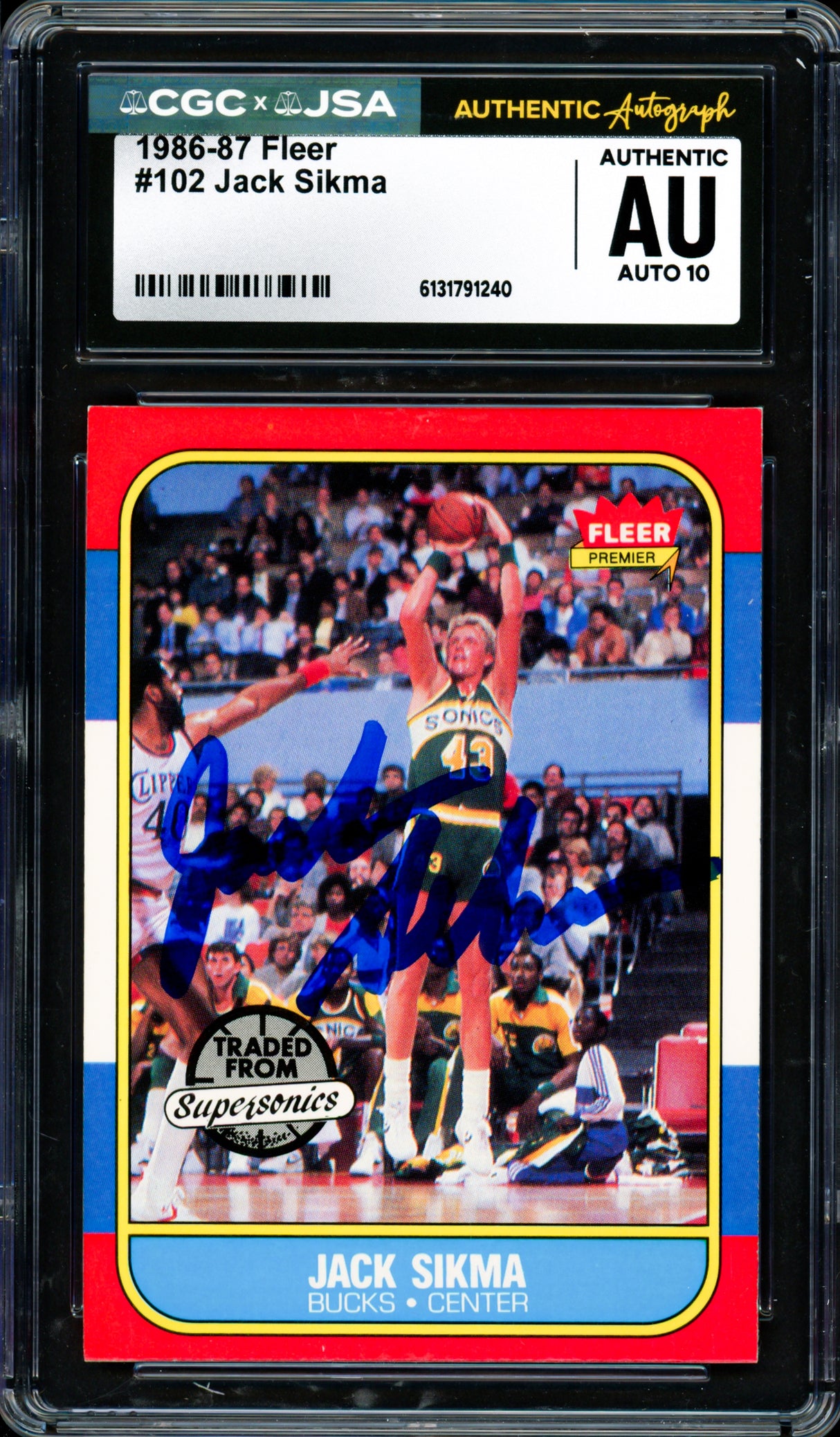 Jack Sikma Autographed 1986 Fleer Card #102 Seattle Supersonics Auto Grade Gem Mint 10 CGC x JSA #6131791240