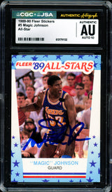 Magic Johnson Autographed 1989-90 Fleer Sticker Card #5 Los Angeles Lakers Auto Grade Gem Mint 10 CGC x JSA Stock #262952