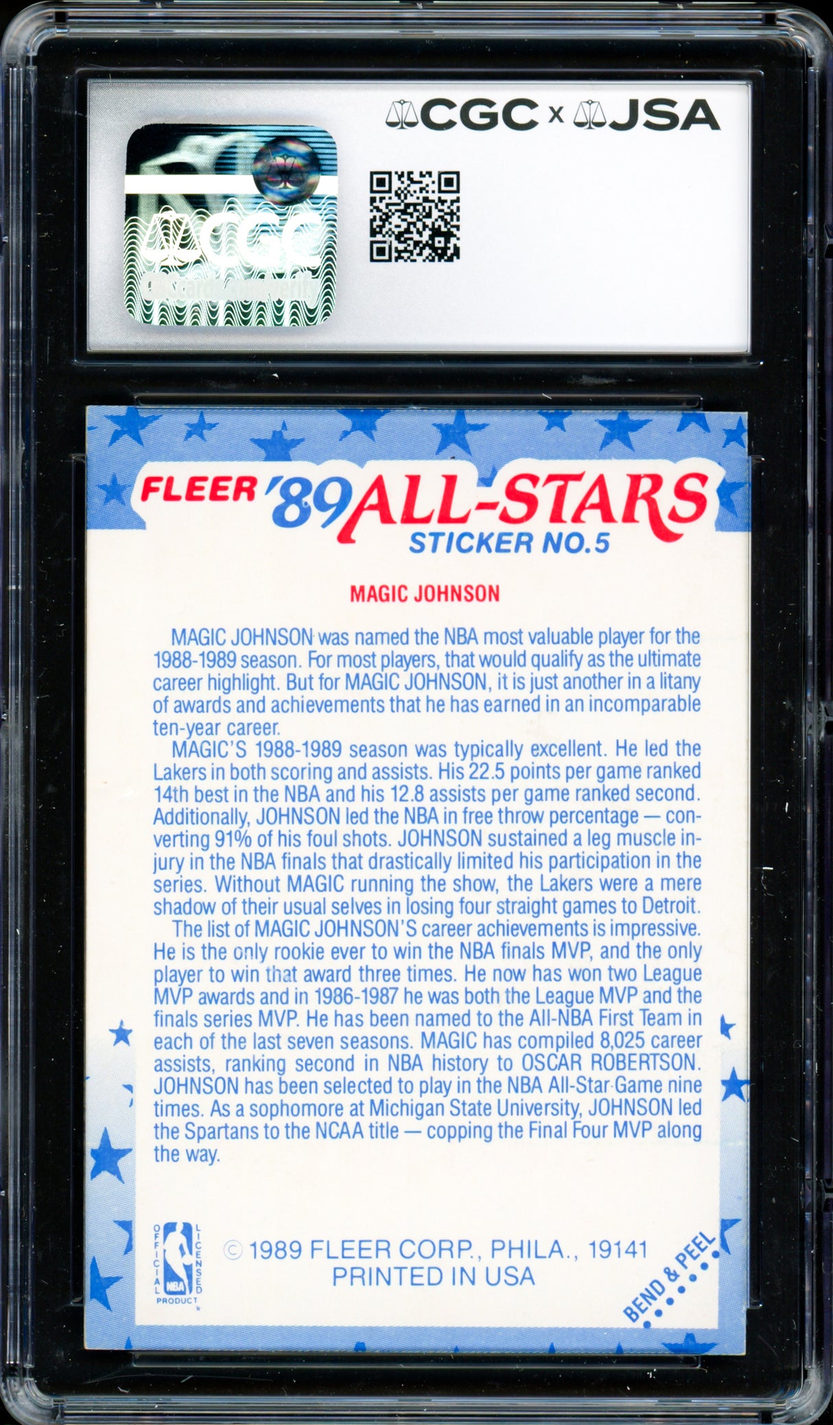 Magic Johnson Autographed 1989-90 Fleer Sticker Card #5 Los Angeles Lakers Auto Grade Gem Mint 10 CGC x JSA Stock #262952