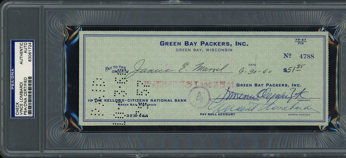 Vince Lombardi Autographed 3x8 Check Green Bay Packers PSA/DNA #83061724