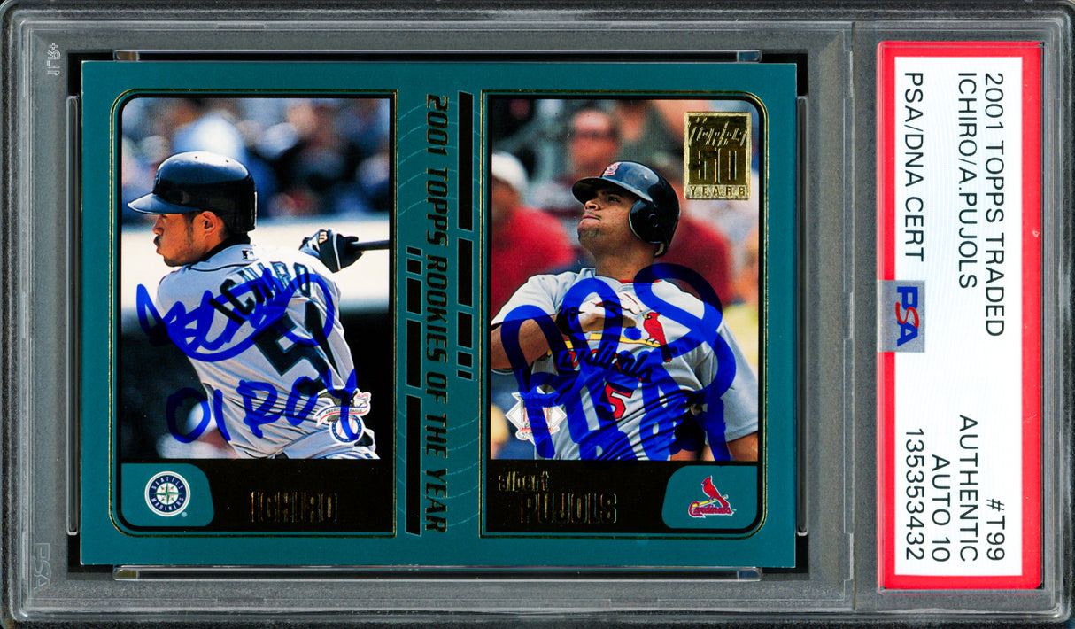 Albert Pujols & Ichiro Suzuki Autographed 2001 Topps Traded Rookie Card #T99 Auto Grade Gem Mint 10 "01 ROY" PSA/DNA #135353432