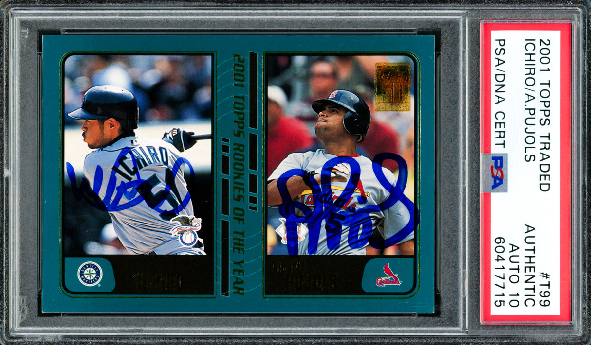 Albert Pujols & Ichiro Suzuki Autographed 2001 Topps Traded Rookie Card #T99 Auto Grade Gem Mint 10 PSA/DNA #60417715