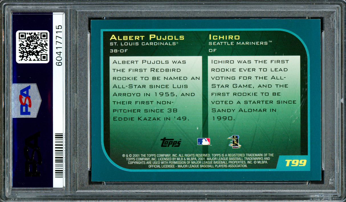 Albert Pujols & Ichiro Suzuki Autographed 2001 Topps Traded Rookie Card #T99 Auto Grade Gem Mint 10 PSA/DNA #60417715