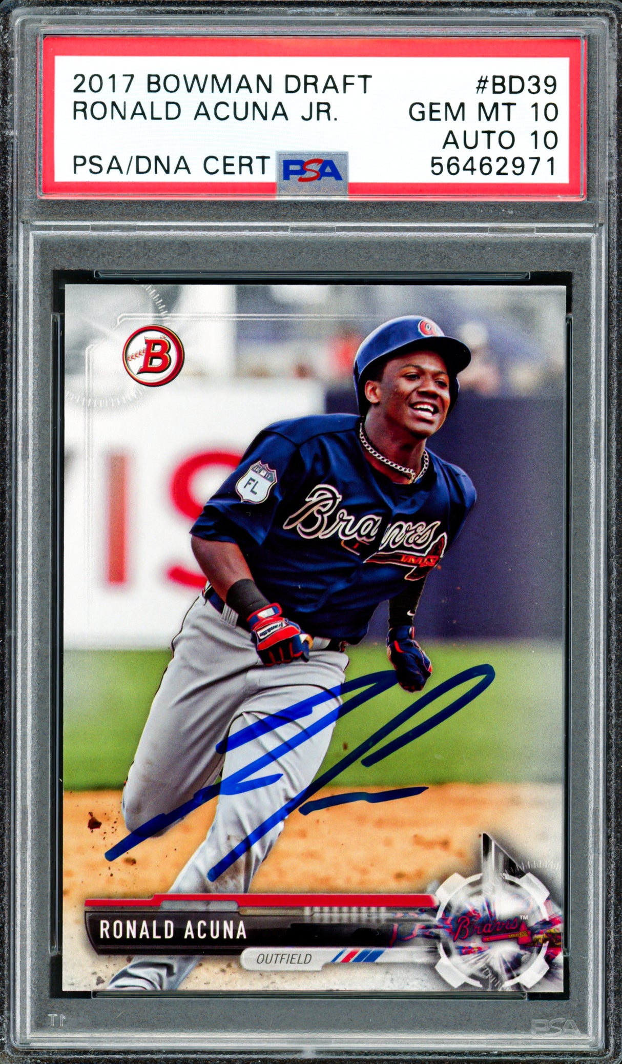 Ronald Acuna Jr. Autographed 2017 Bowman Draft Rookie Card #BD39 Atlanta Braves PSA 10 Auto Grade Gem Mint 10 PSA/DNA #56462971