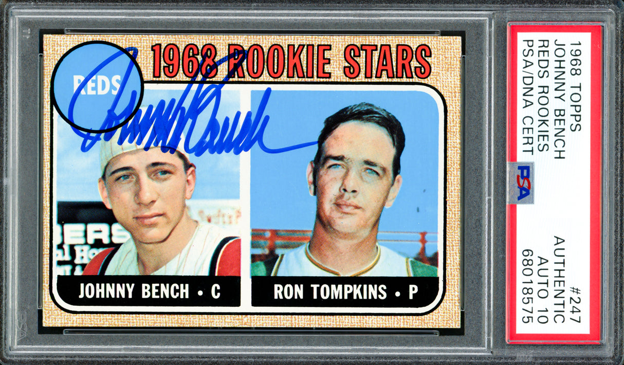 Johnny Bench Autographed 1968 Topps Rookie Card #247 Cincinnati Reds Auto Grade Gem Mint 10 PSA/DNA #68018575