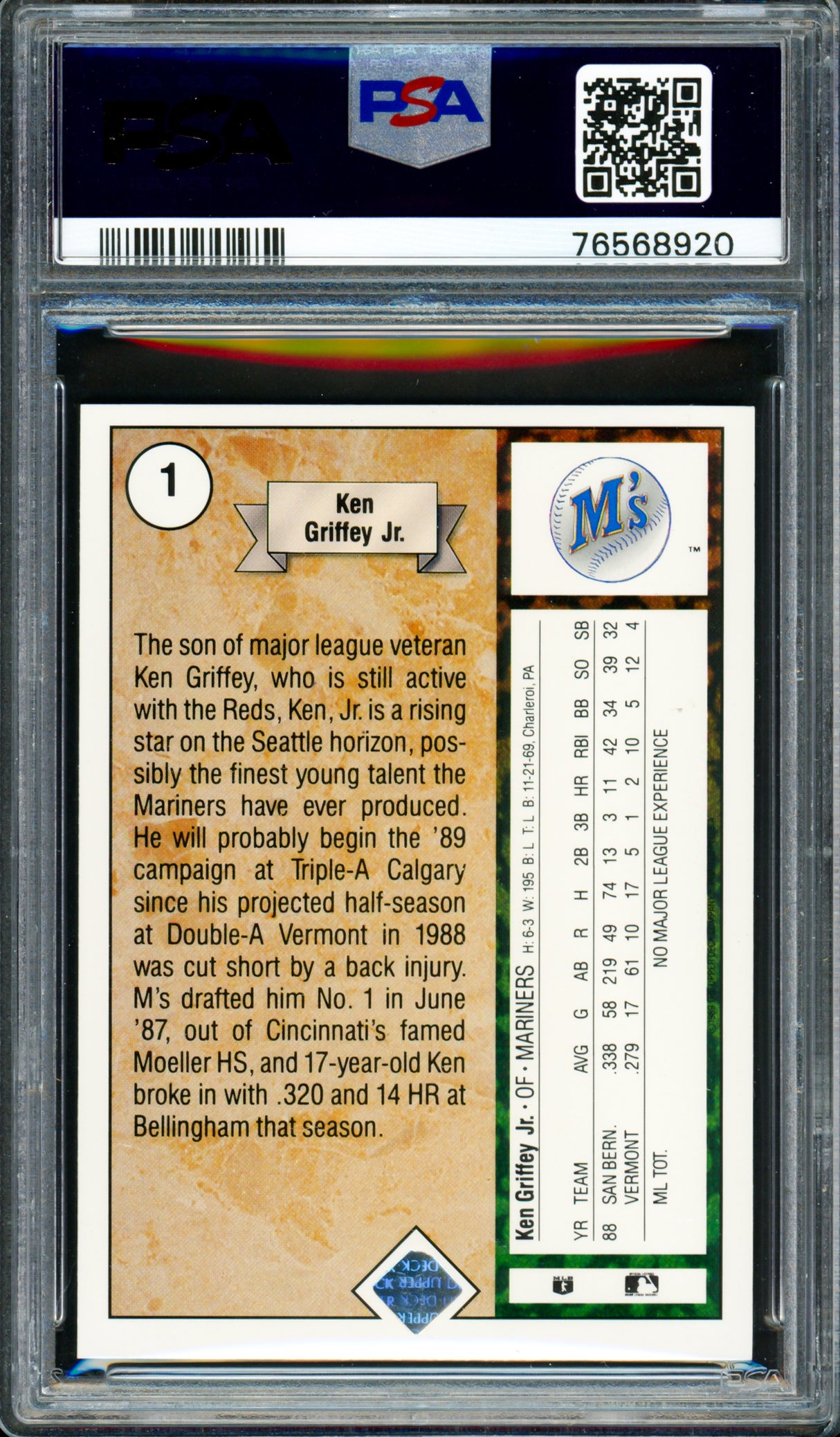 Ken Griffey Jr. Autographed 1989 Upper Deck Rookie Card #1 Seattle Mariners PSA 9 Auto Grade Mint 9 PSA/DNA #76568920