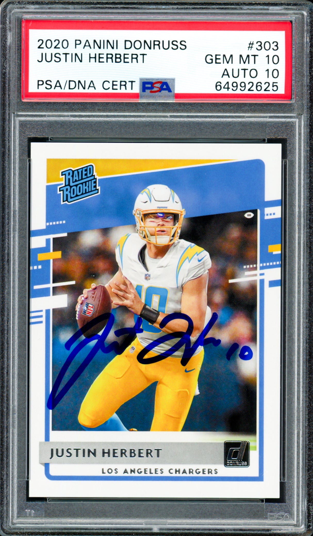 Justin Herbert Autographed 2020 Panini Donruss Rated Rookie Card #303 Los Angeles Chargers PSA 10 Auto Grade Gem Mint 10 PSA/DNA #64992625