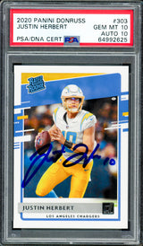 Justin Herbert Autographed 2020 Panini Donruss Rated Rookie Card #303 Los Angeles Chargers PSA 10 Auto Grade Gem Mint 10 PSA/DNA #64992625