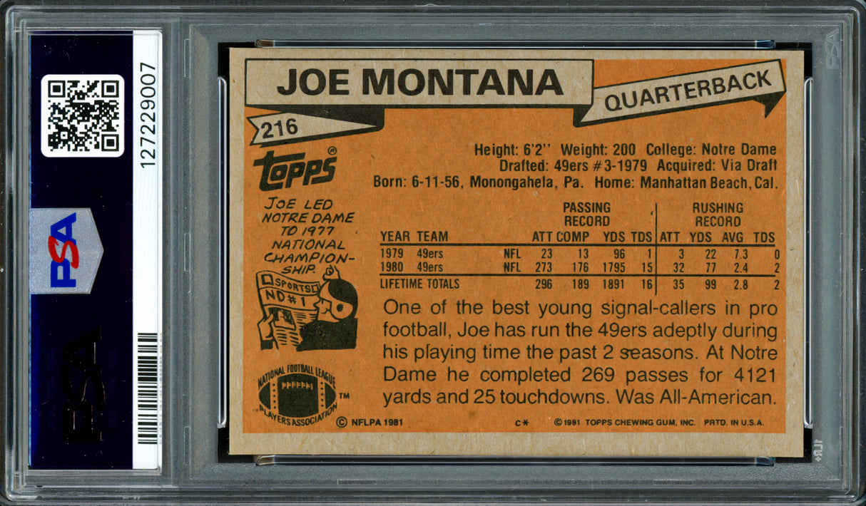 Joe Montana Autographed 1981 Topps Rookie Card #216 San Francisco 49ers PSA 8 Auto Grade Gem Mint 10 PSA/DNA #127229007