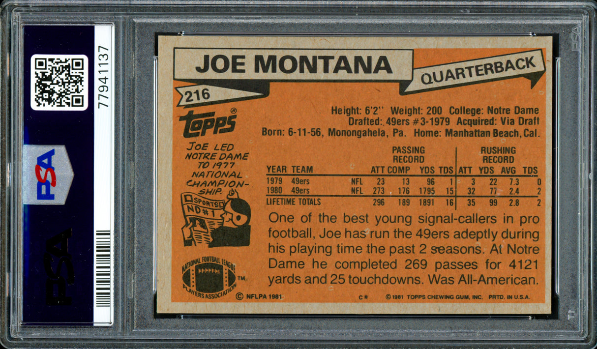 Joe Montana Autographed 1981 Topps Rookie Card #216 San Francisco 49ers PSA 7 Auto Grade Gem Mint 10 PSA/DNA #77941137